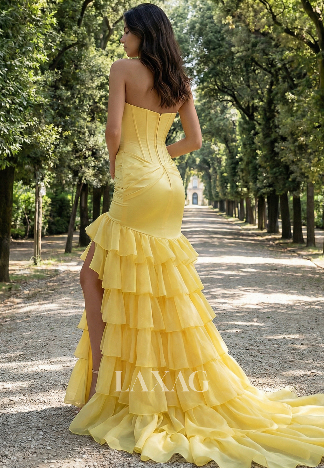 Sweetheart Sleeveless Satin&Tulle Pleated Ruffled Tiered Trumpet Mermaid Prom Dress with Slit