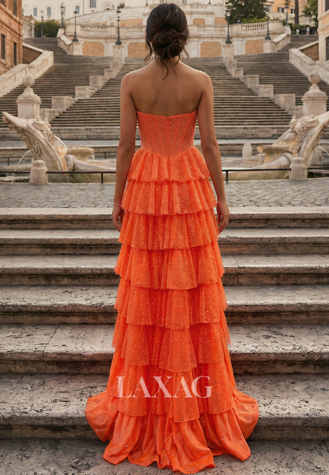 Bateau-Neck Sleeveless Fully Beaded Chiffon Pleated Ruffled Tiered High Slit A-Line Prom Dress