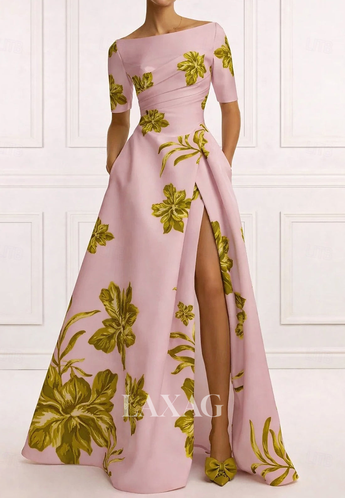Bateau-Neck Short-Sleeves Print Satin Pleated High Slit A-Line Mother of the Bride Dress