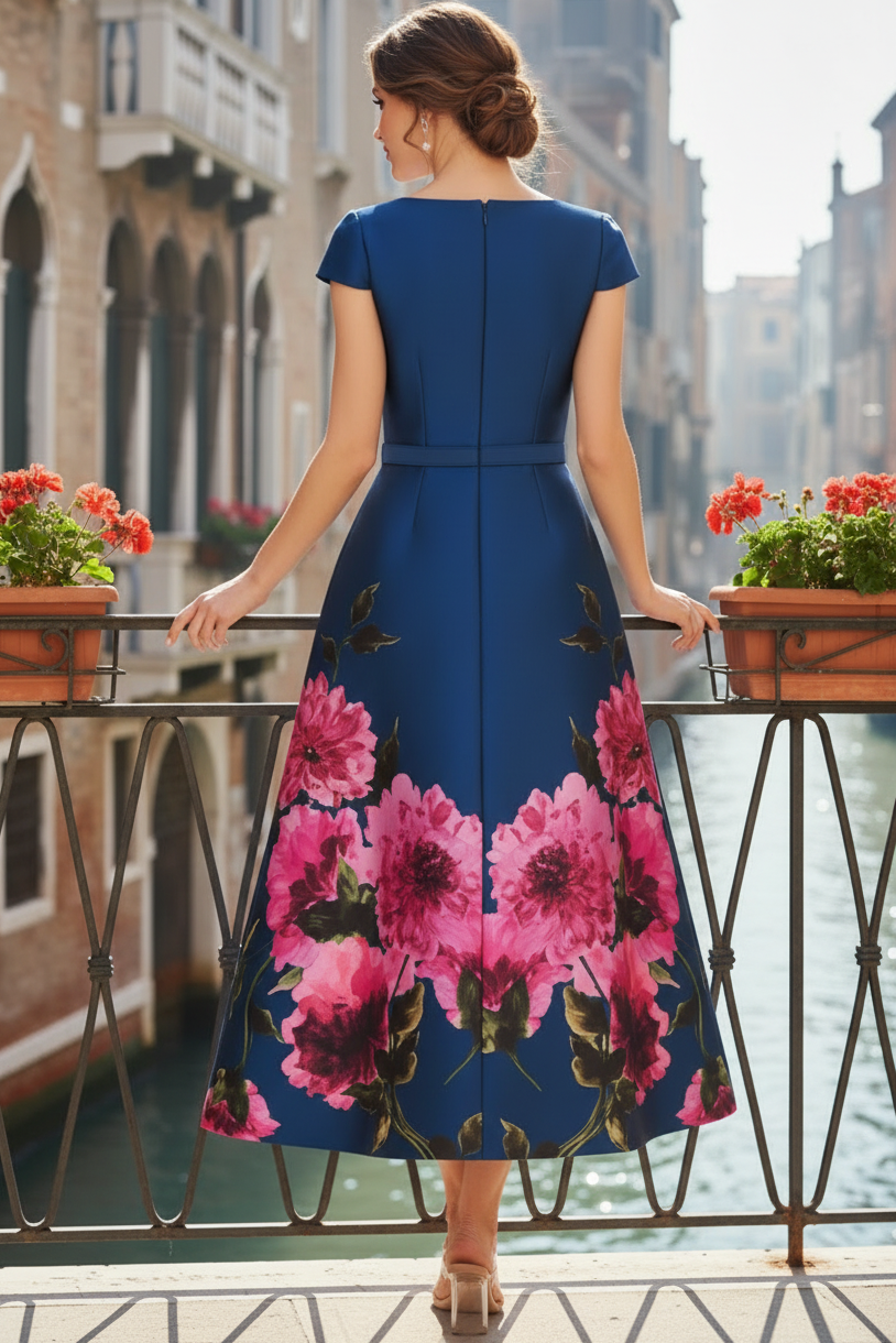 Bateau-Neck Cap-Sleeves Print-Satin Pleated Tea-Length A-Line Mother of the Bride Dress