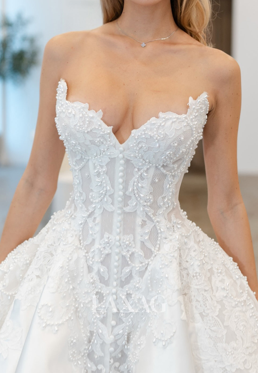 Sweetheart Sleeveless Beaded Lace Applique Satin A-Line Wedding Dress with High Slit
