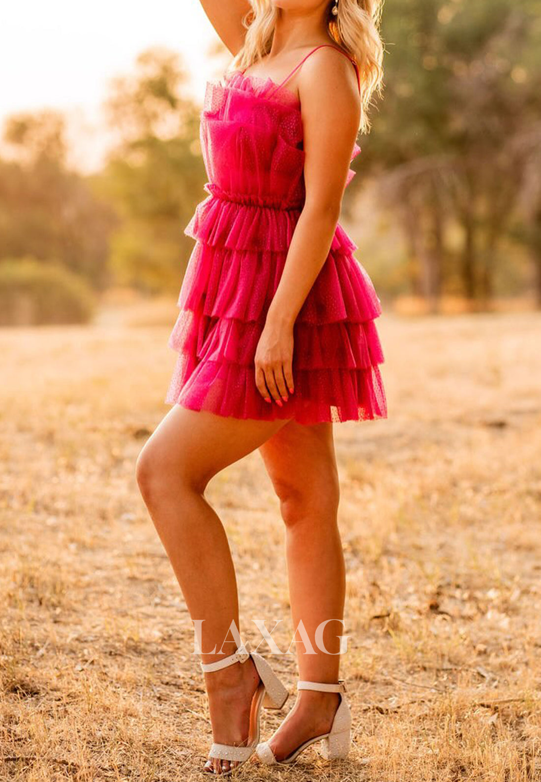 Bateau-Neck Off-Shoulder Sleeveless Pleated Tulle Short Tiered A-Line Party Homecoming Dress