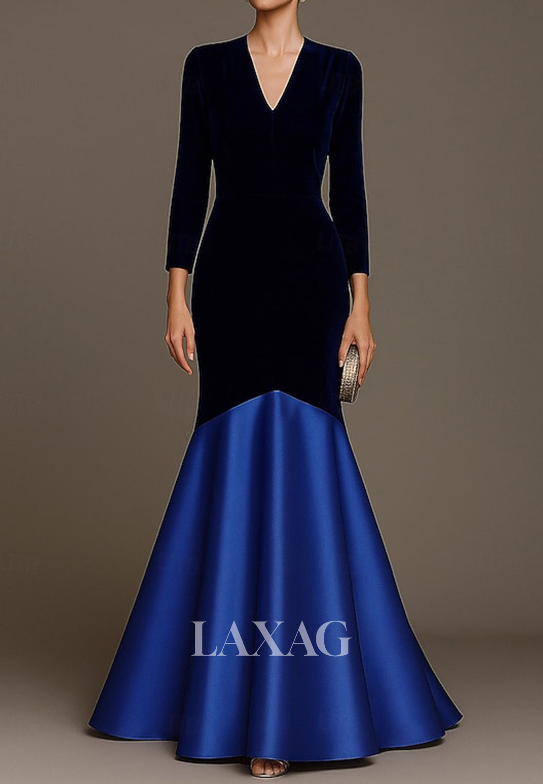 V-Neck 3/4-Sleeves Floor-Length Velvet&Satin Simple Trumpet Mermaid Evening Dress