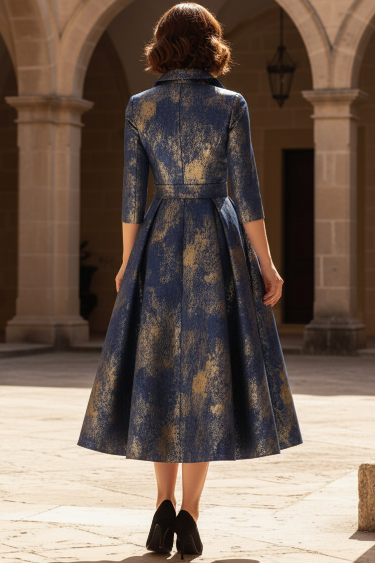 V-Neck Collared 3/4-Sleeves Jacquard Satin Tea-Length A-Line Mother of the Bride Dress