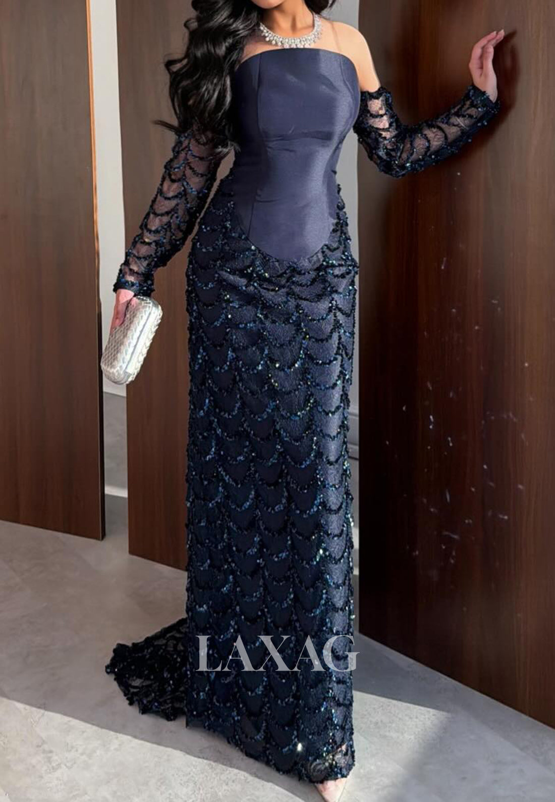 Tube Top Long-Sleeves Sequined Beaded Satin &Tulle Floor-Length Mermaid Evening Dress