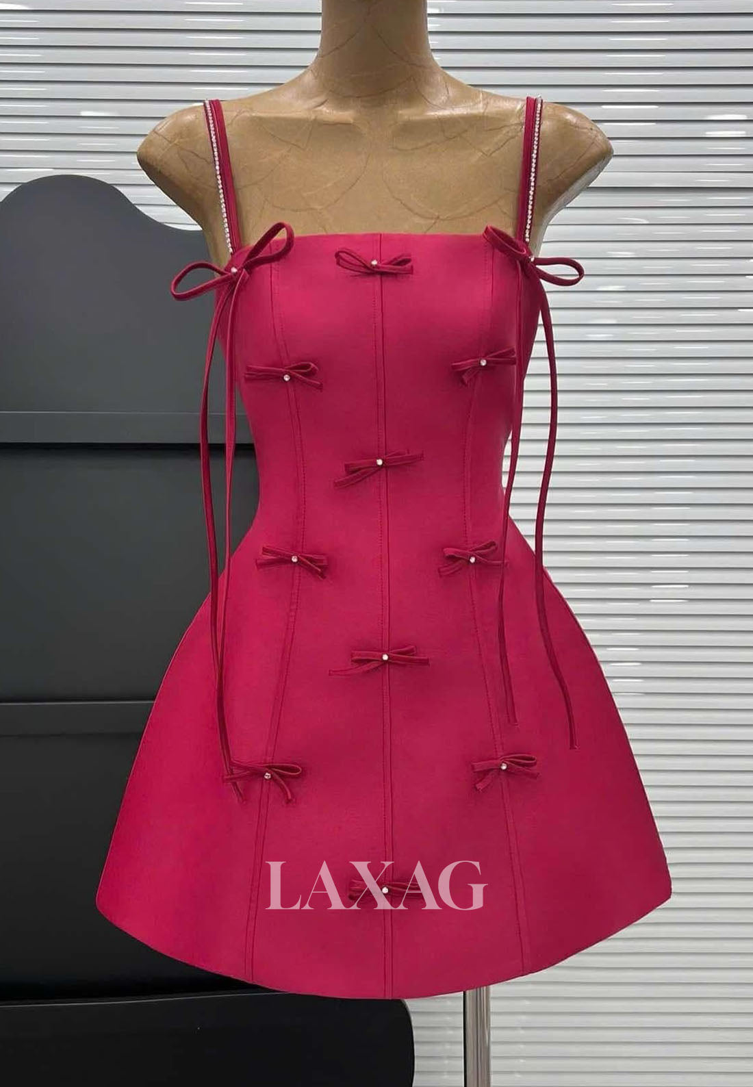 Square-Neck Spaghetti Straps Sleeveless Beaded Satin A-Line Party Homecoming Dress with Bows