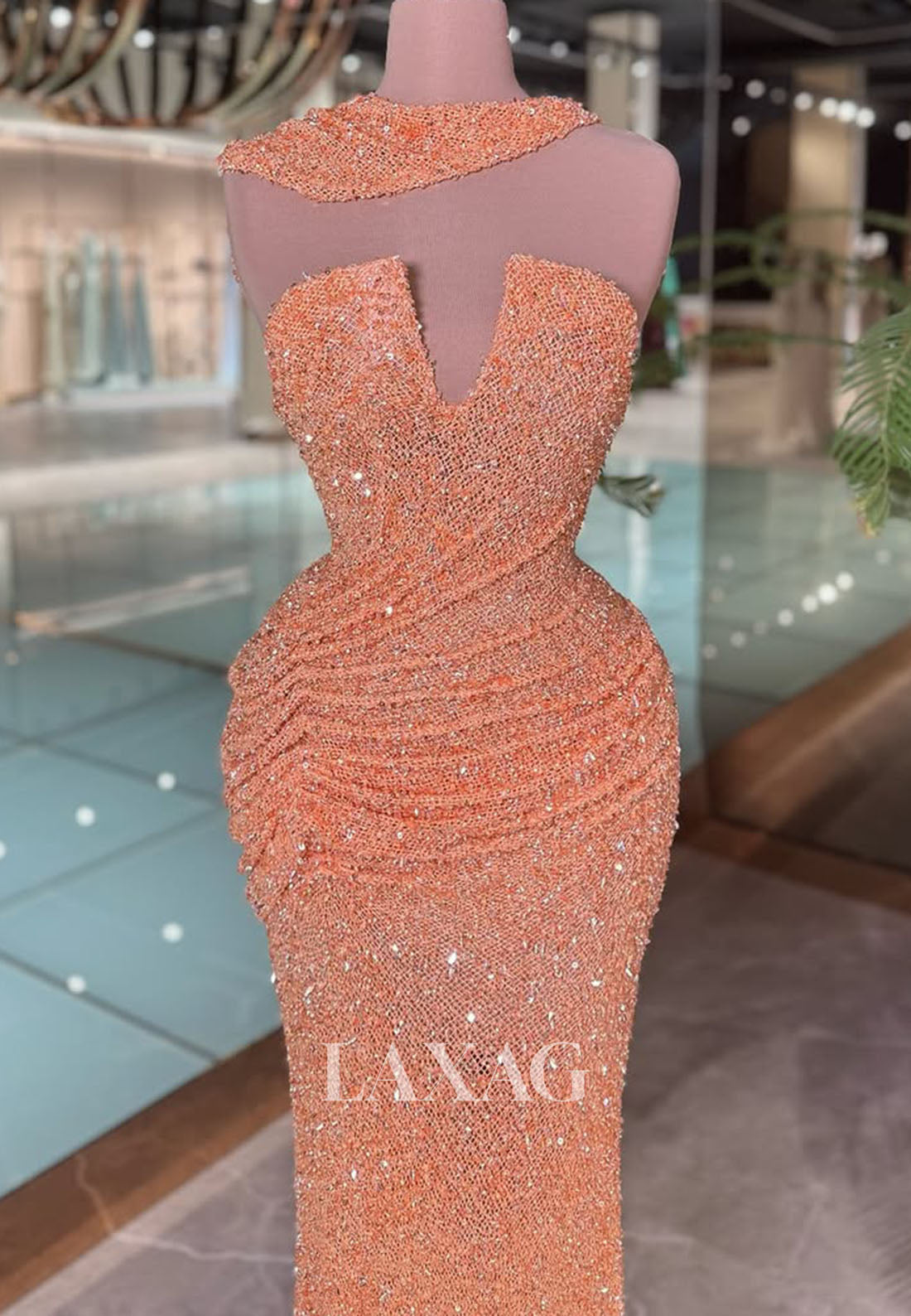 V-Neck Sweep Train Prom Gowns Fully Sequined Beaded Pleated Mermaid Evening Dress