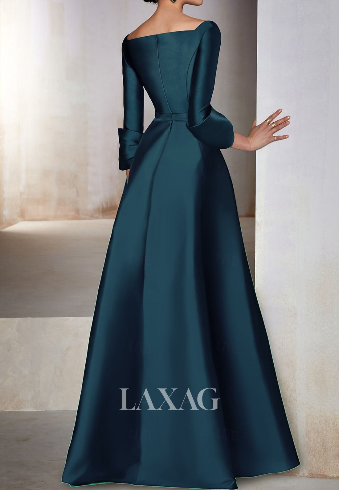 Floor-Length Satin Pleated Formal Gowns V-Neck 3/4-Sleeves High-Low A-Line Evening Dress