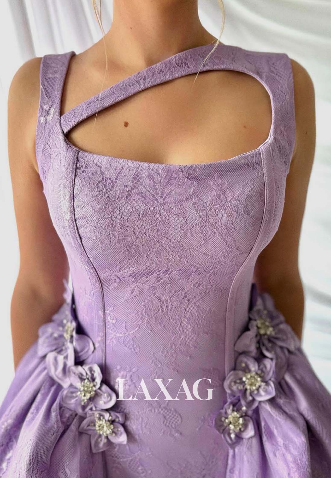 Asymmetrical-Neck Sleeveless Floral Appliqued Lace Applique Satin A-Line Homecoming Dress