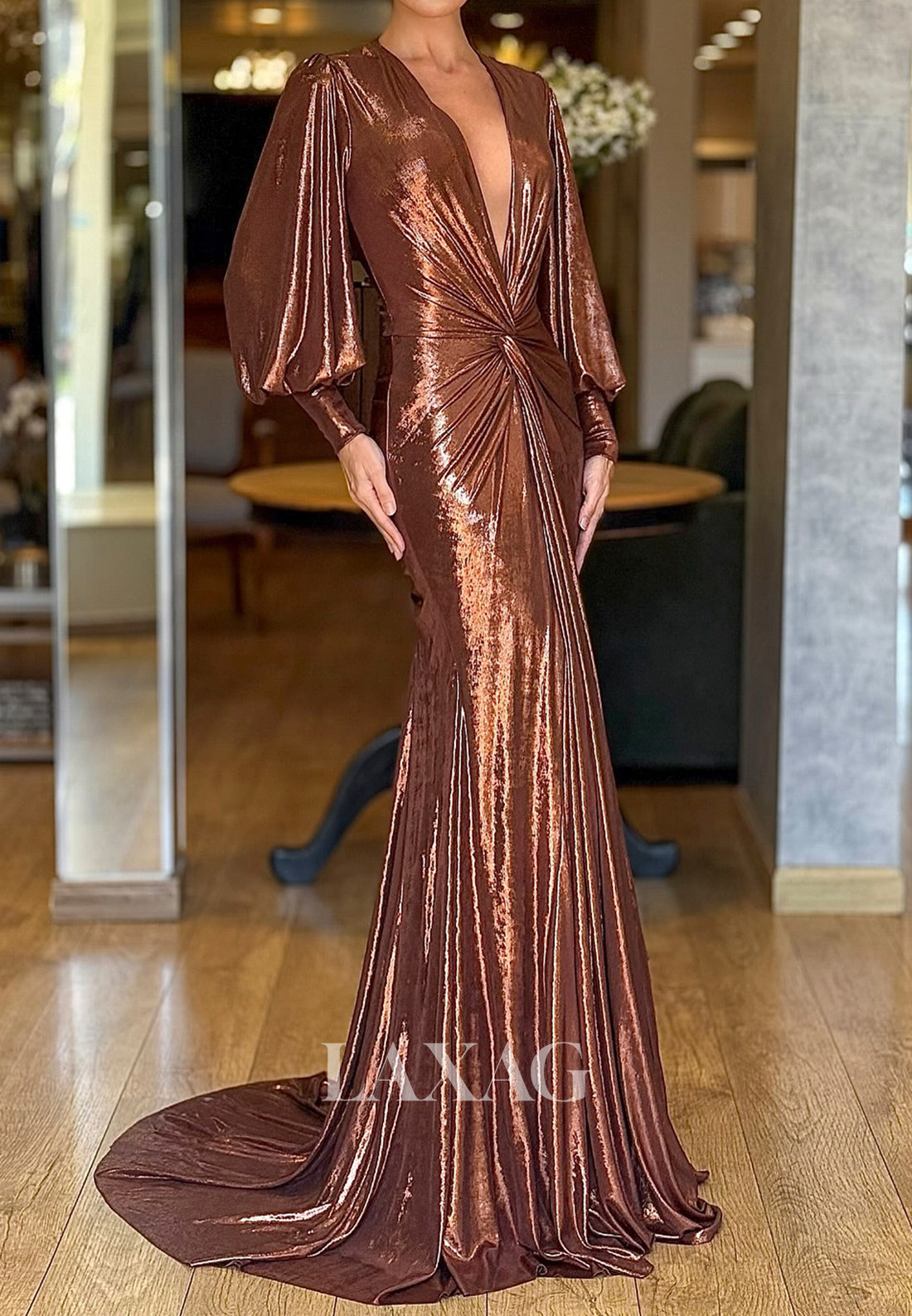Deep V-Neck Long-Sleeves Formal Gowns Pleated Metallic-Satin Mermaid Evening Dress with Train