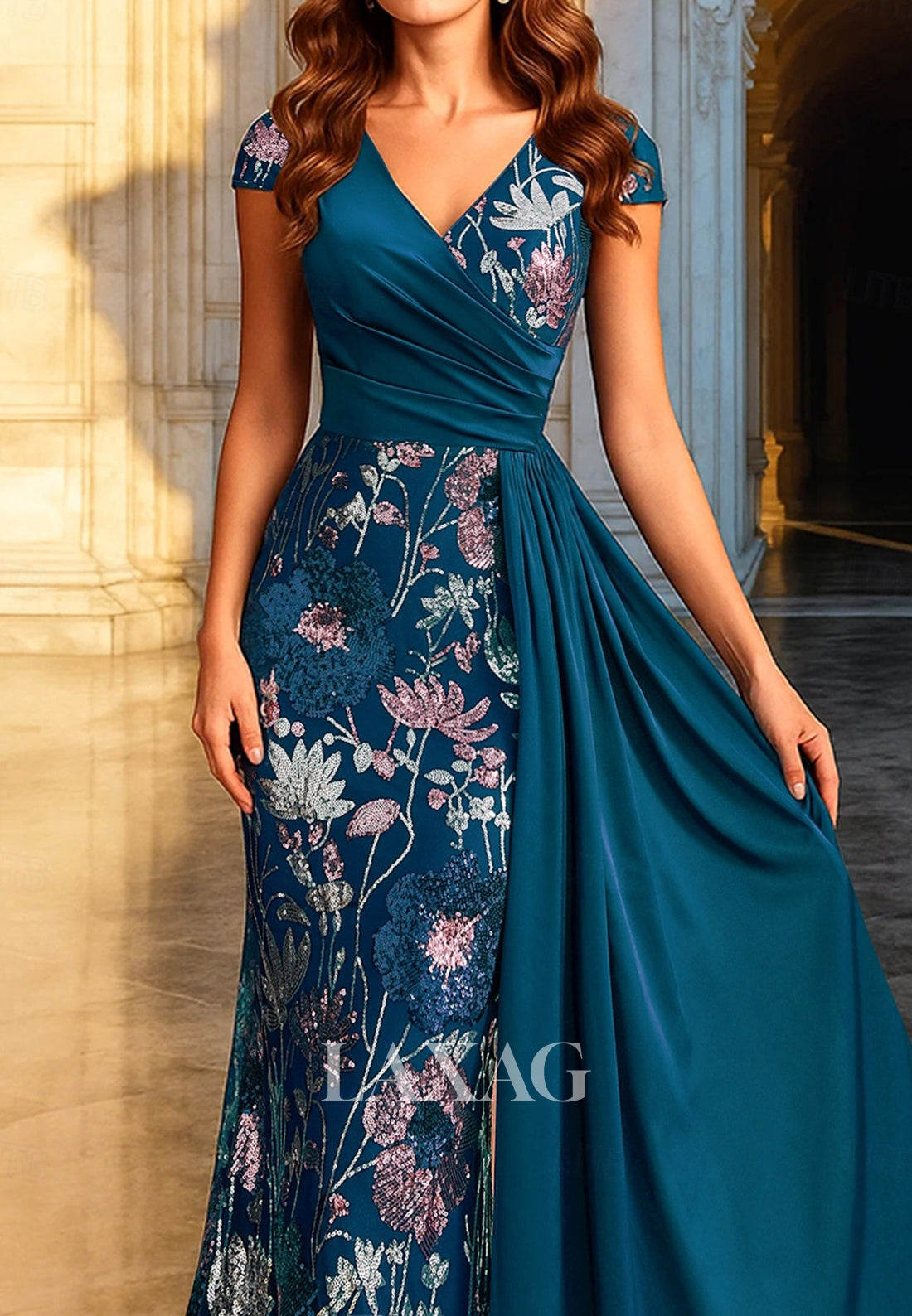 V-Neck Cap-Sleeves Floor-Length Sequined Jacquard Satin Pleated Mermaid Evening Dress