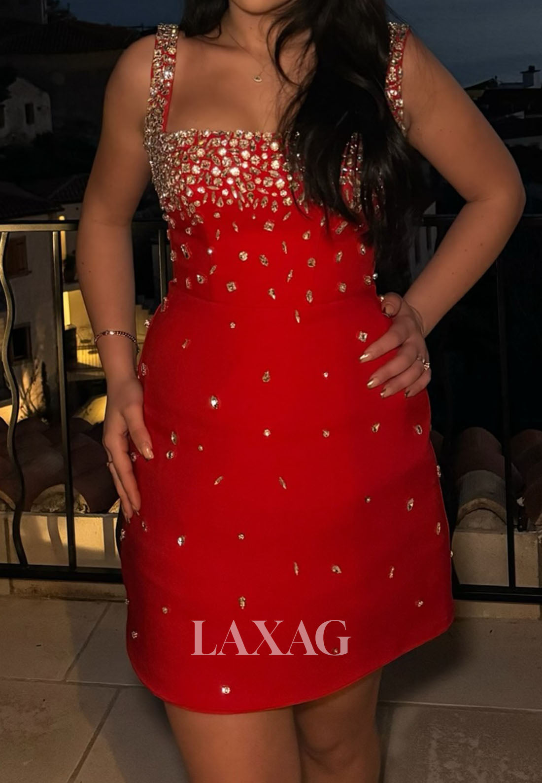 Square-Neck Straps Sleeveless Beaded Rhinestone Satin Short Mermaid Party Homecoming Dress