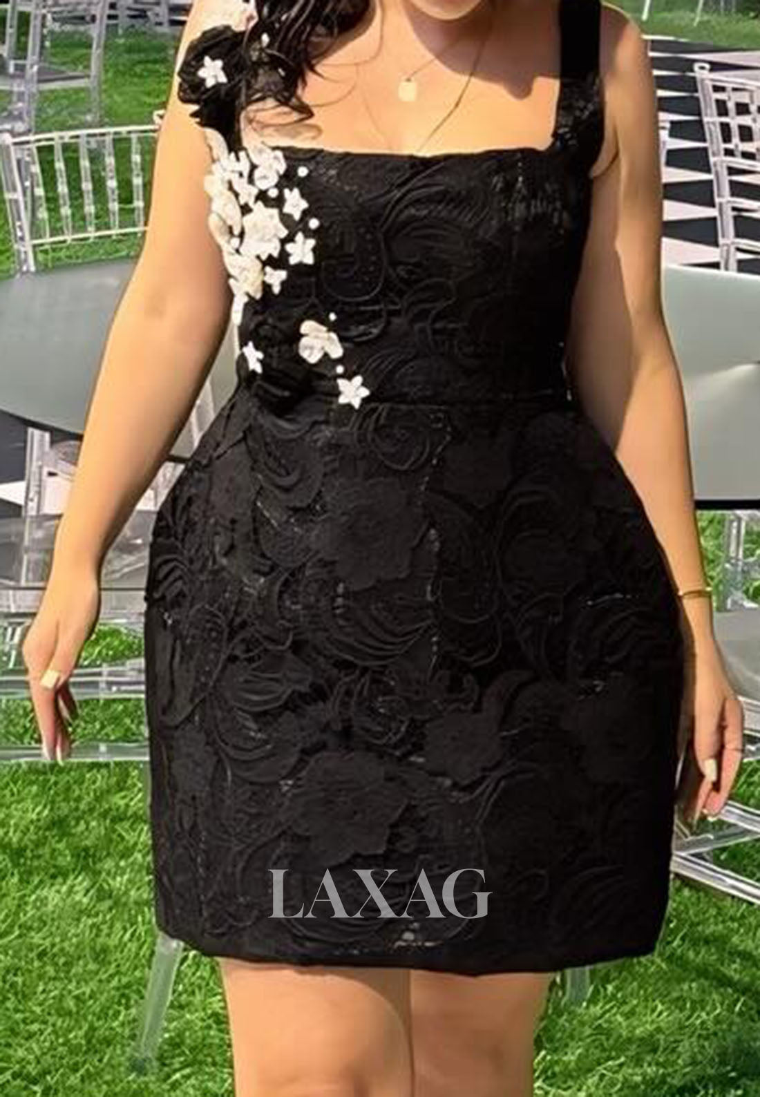 Square-Neck Straps Sleeveless Floral Embellished Applique A-Line Party Homecoming Dress