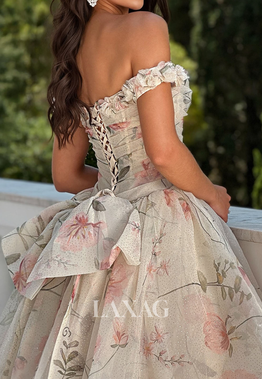 A-Line Sweetheart Sleeveless Print-Tulle Pleated Tiered Party Prom Dress with Sweep Train