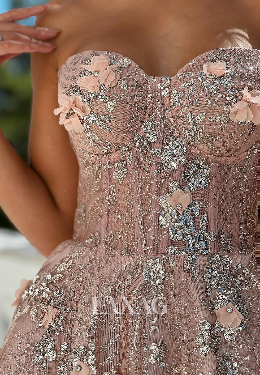 Off-Shoulder Sweetheart Sleeveless Fully Sequined Floral Embellished Pleated Tulle A-Line Prom Dress