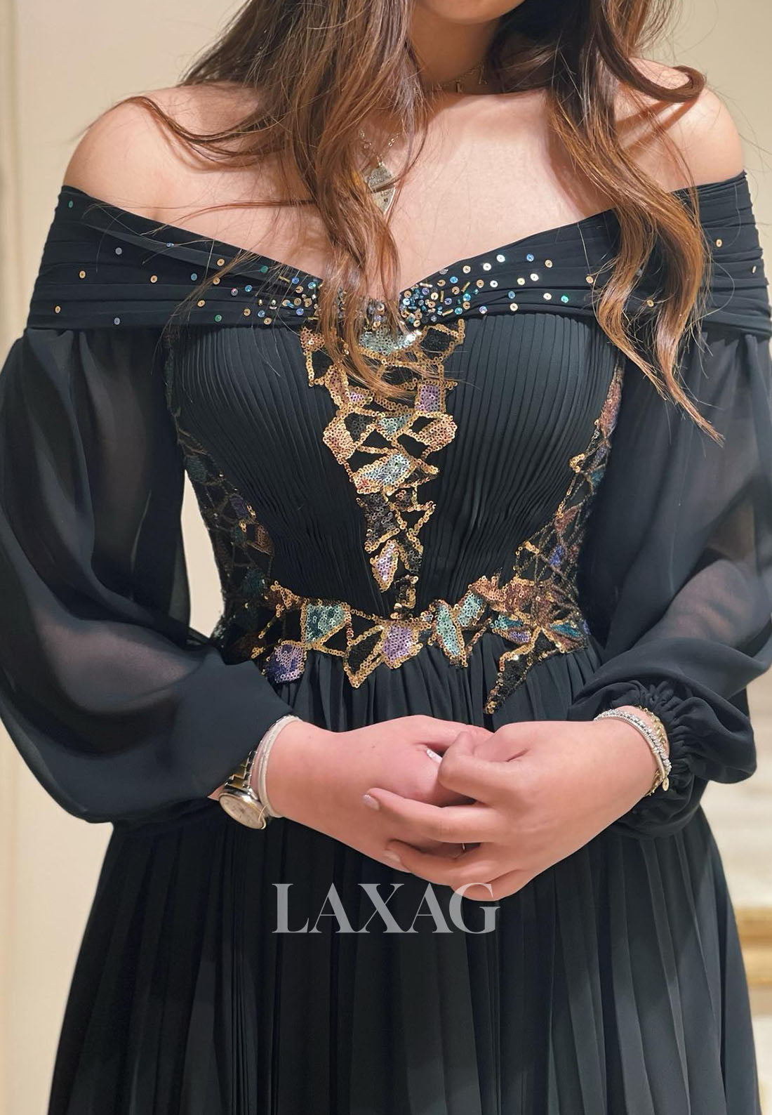 V-Neck Long-Sleeves Multi-Color Sequined Pleated Chiffon Floor-Length A-Line Evening Dress