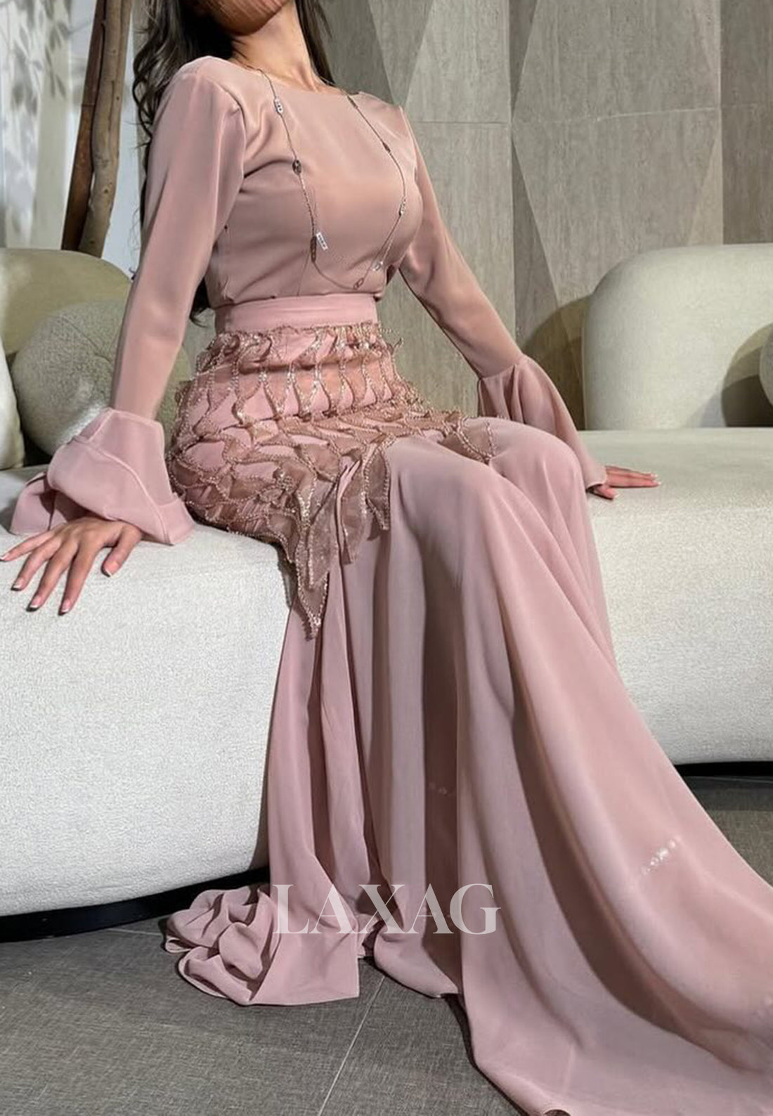 Scoop-Neck Long-Sleeves Sequined Formal Gowns Pleated Chiffon Mermaid Evening Dress