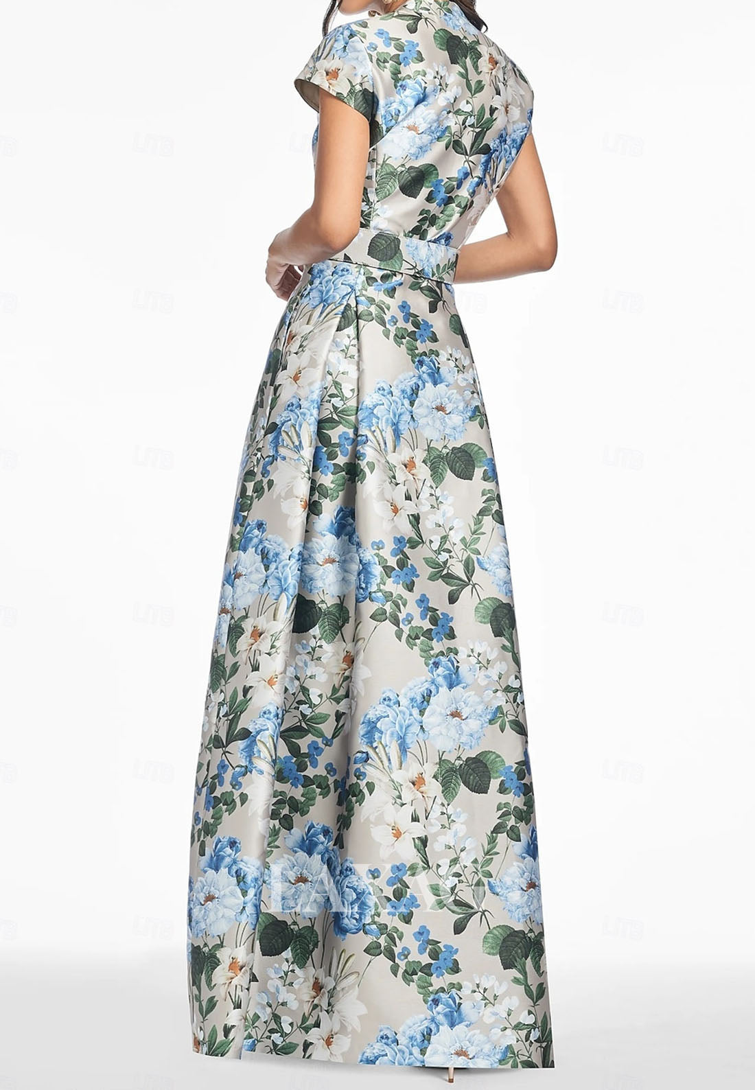 V-Neck Print-Satin Pleated High Slit Formal Gowns Cap-Sleeves Floor-Length A-Line Evening Dress