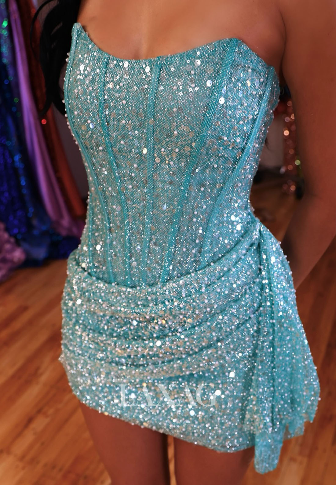 Scoop-Neck Off-Shoulder Sleeveless Fully Sequined Pleated Mermaid Party Homecoming Dress