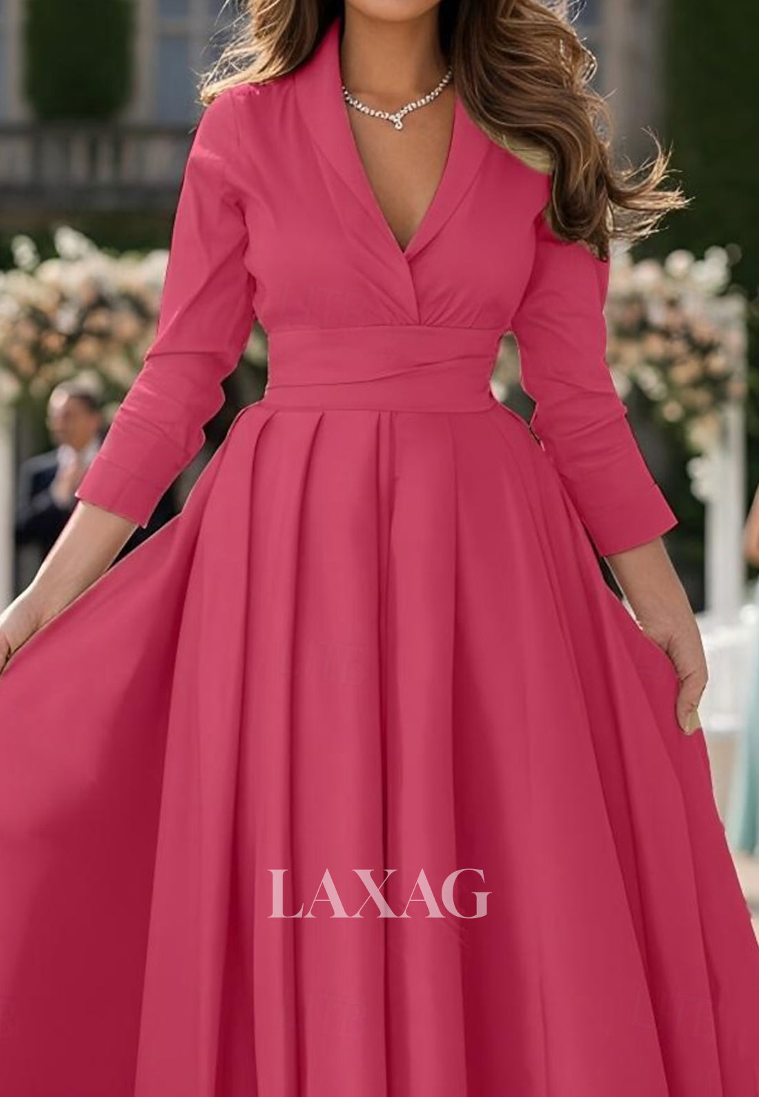V-Neck Collared 3/4-Sleeves Chiffon Pleated Floor-Length A-Line Mother of the Bride Dress