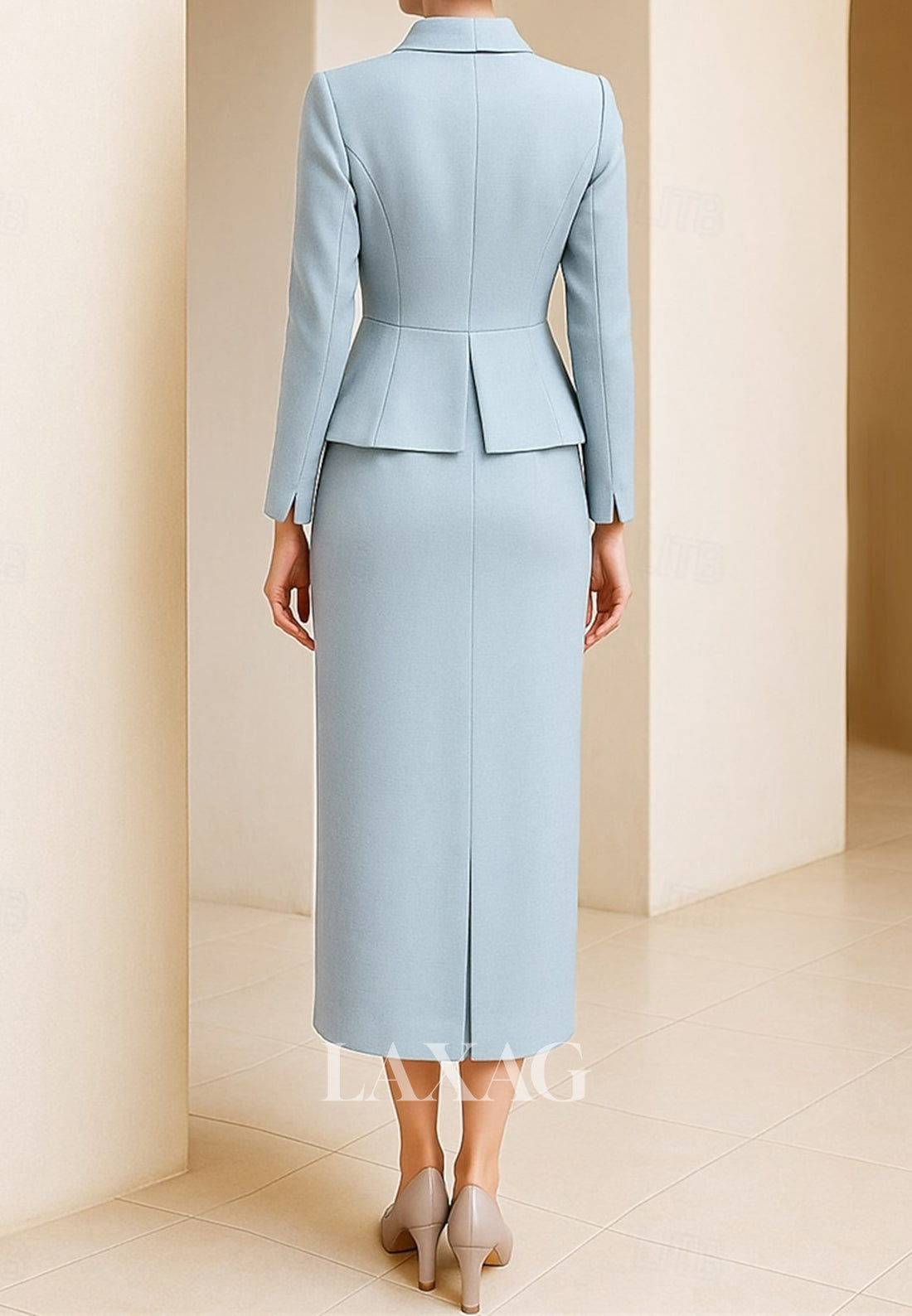 Collared Long-Sleeves 3D-Floral Satin Tea-Length Mermaid Mother of the Bride Dress