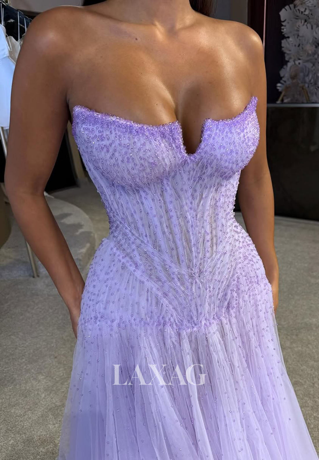 Bateau-Neck Off-Shoulder Sleeveless Sequined Beaded Pleated Tulle A-Line Party Prom Dress