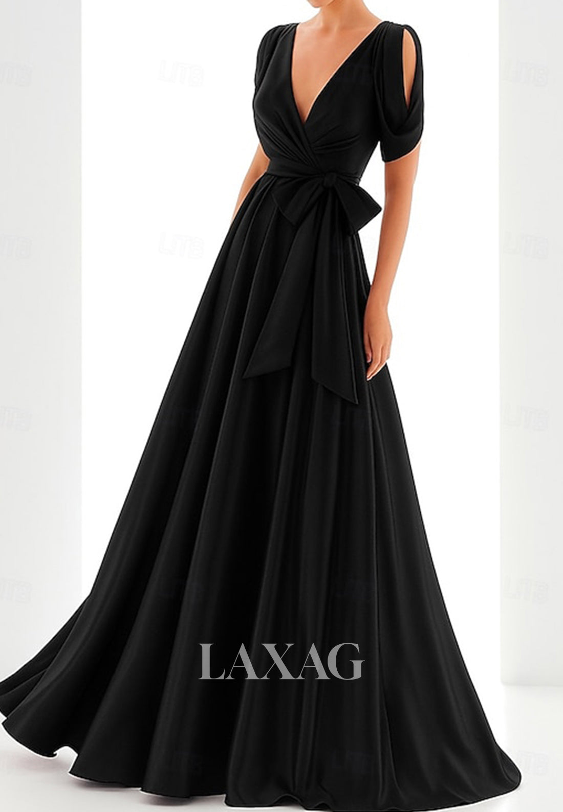 Deep V-Neck Short-Sleeves Satin Pleated Cutout Floor-Length Simple A-Line Evening Dress