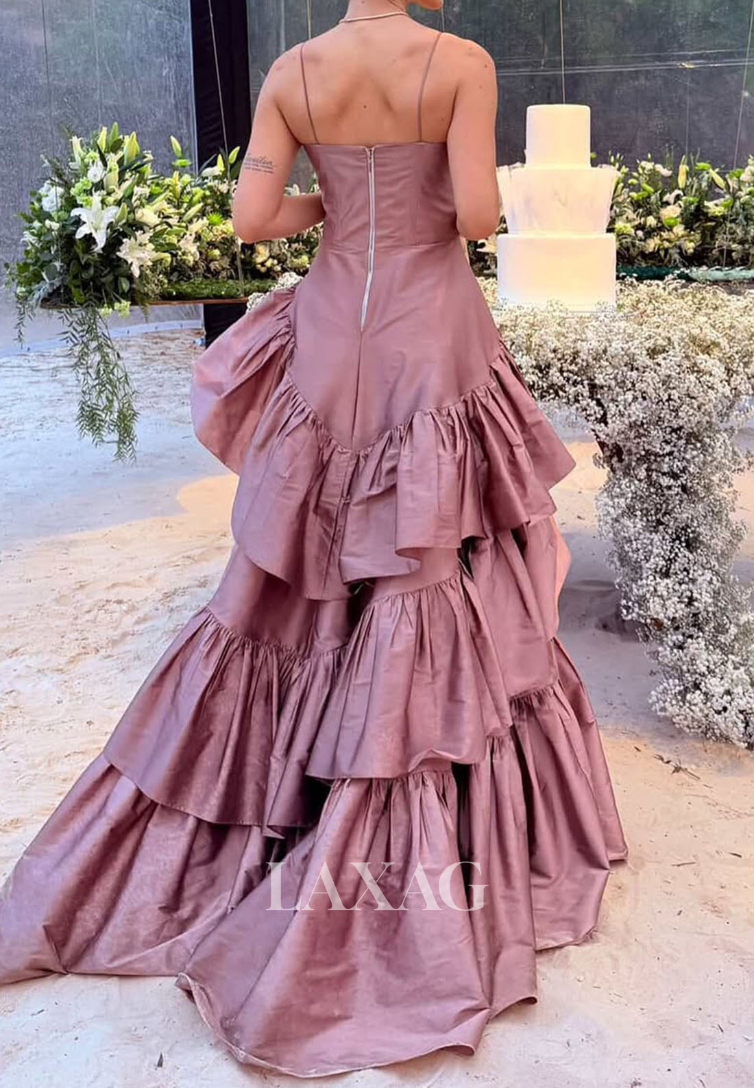 Tube Top Spaghetti Straps A-Line Prom Dress Sleeveless Satin Pleated Tiered Party Gowns