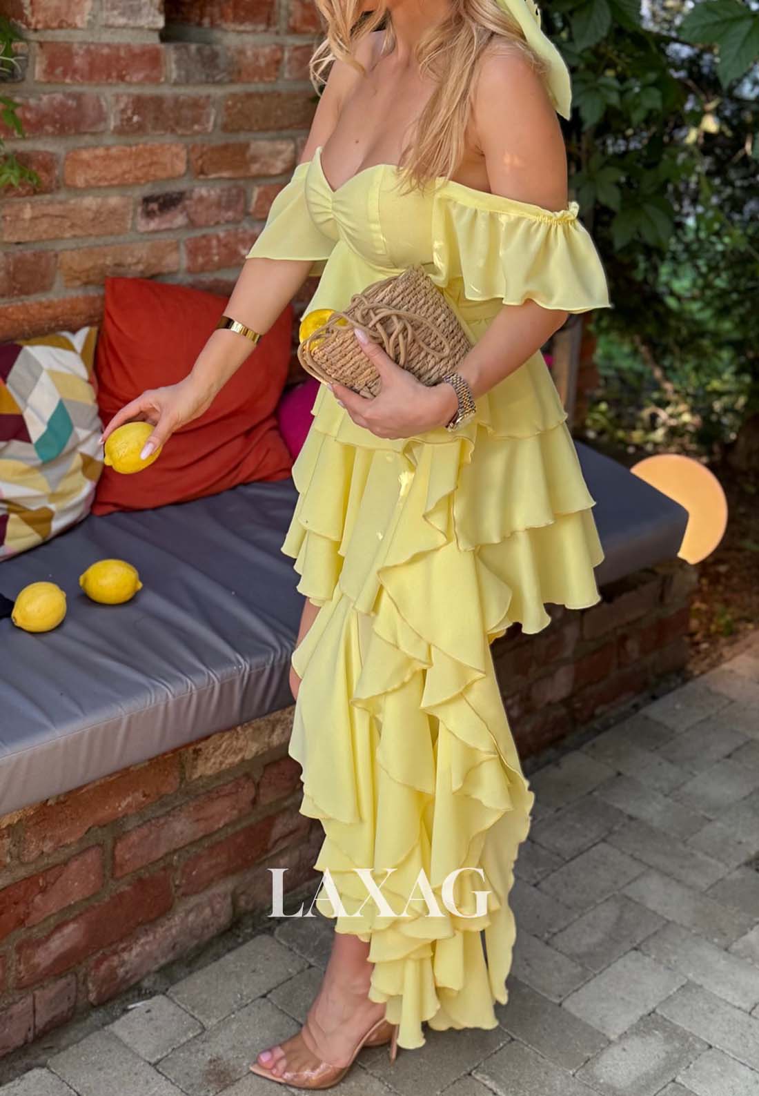 Sweetheart Off-Shoulder Sleeveless Pleated Chiffon Tiered A-Line Homecoming Dress