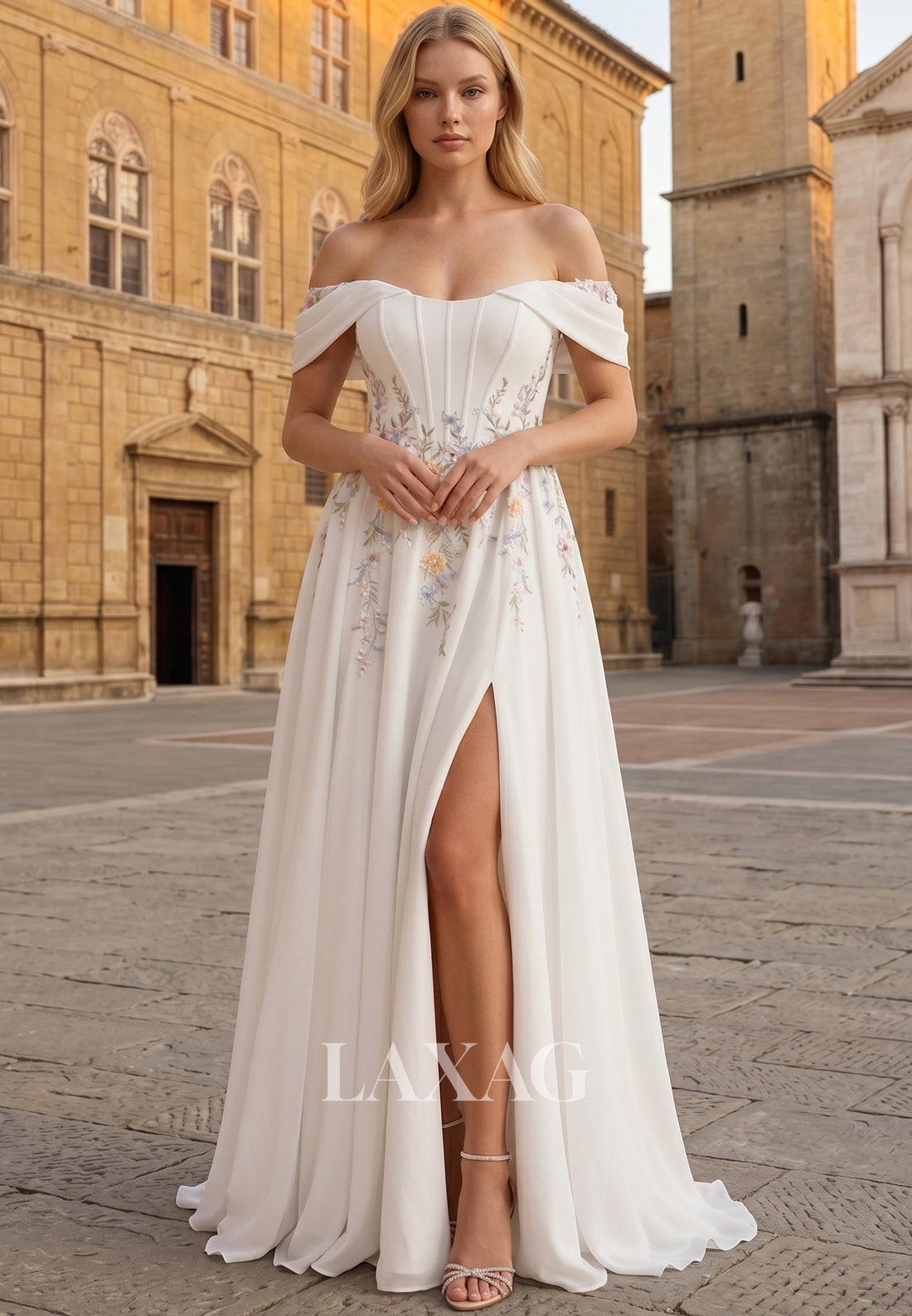 Bateau-Neck Sleeveless Sequined Applique Chiffon Pleated A-Line Weddin – Laxag