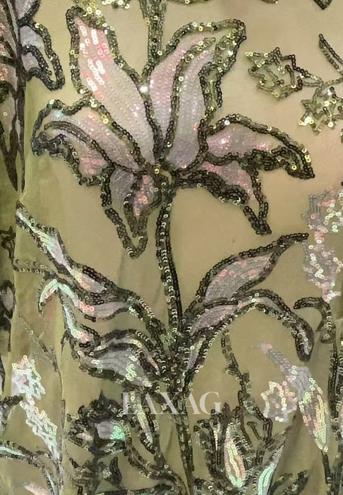 V-Neck Collared Cap-Sleeves Sequined Applique Satin Floor-Length A-Line Evening Dress with Slit