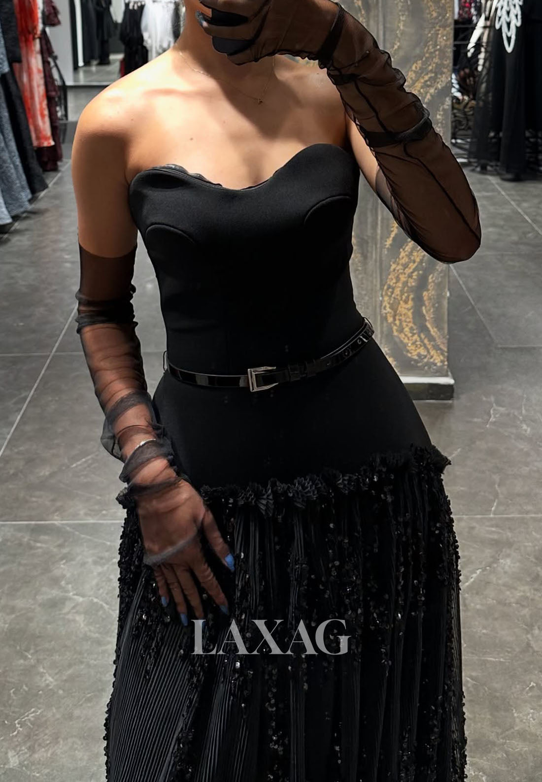 Sweetheart Off-Shoulder Sequined Pleated Satin&Tulle A-Line Prom Dress with Long Gloves