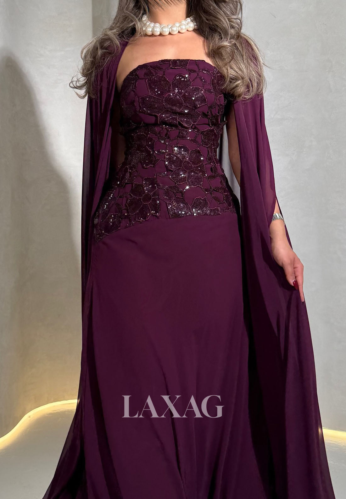 Tube Top Sleeveless Floor-Length Sequined Applique Pleated Chiffon Evening Dress with Overlay