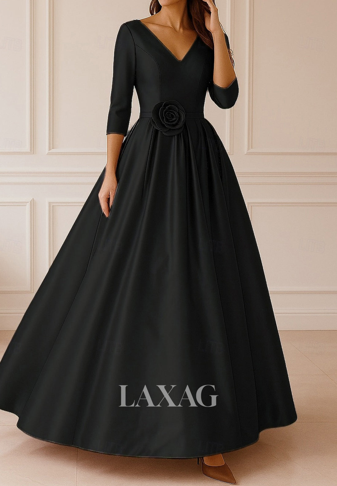 V-Neck 3/4-Sleeves Floral Embellished Satin Pleated A-Line Mother of the Bride Dress