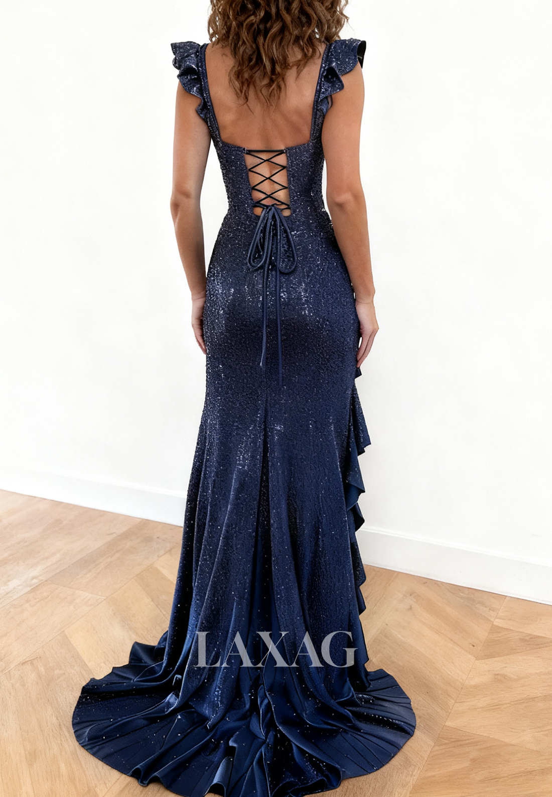 Sweetheart Fully Sequined Mermaid Prom Dress Ruffled-Straps Sleeveless High Slit Party Gowns