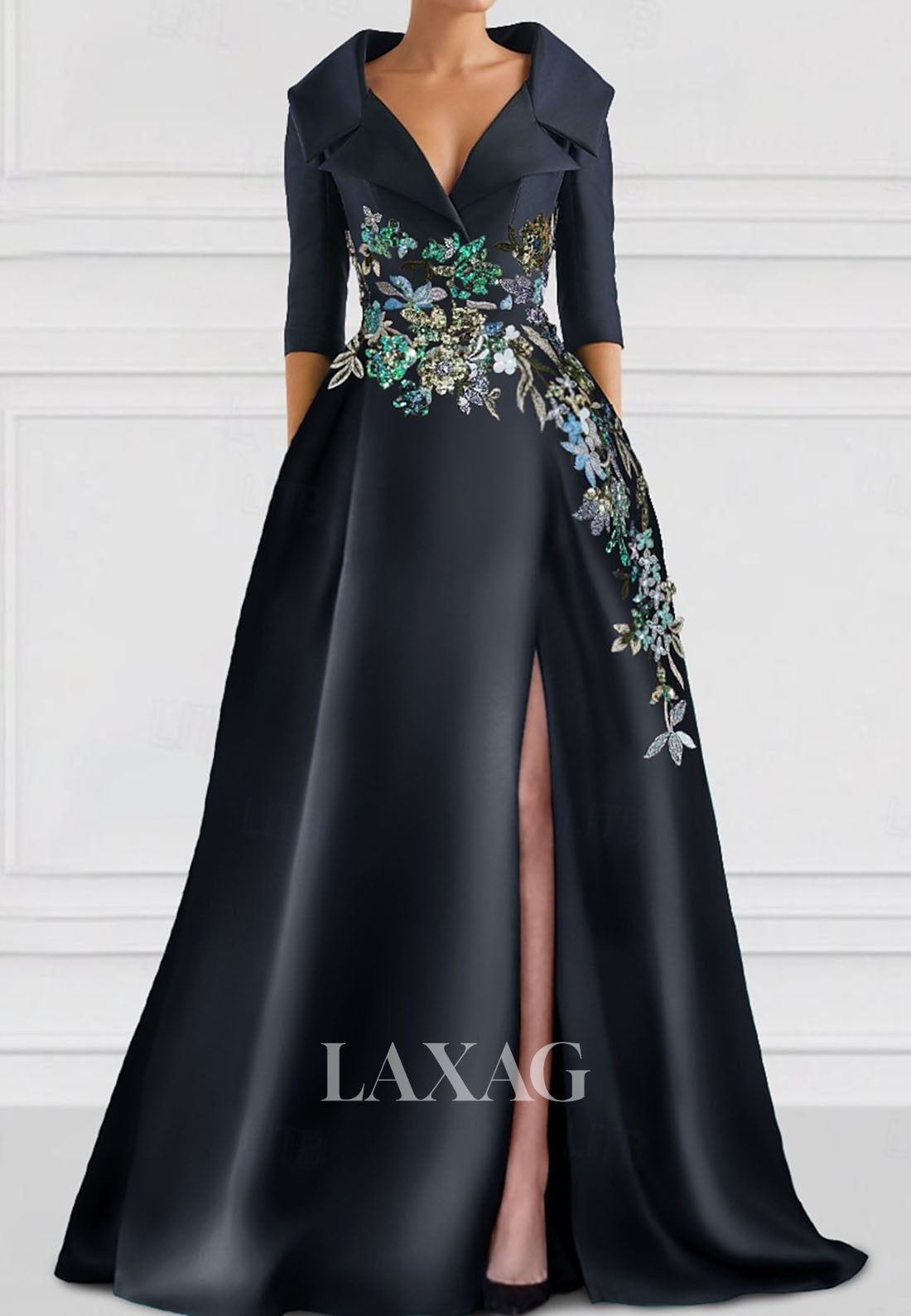 A-Line V-Neck Collared 3/4-Sleeves Evening Dress Sequined Floral Embellished Satin Formal Gowns