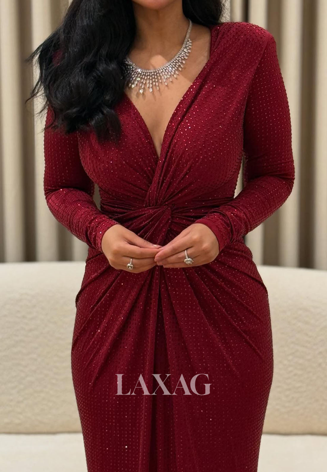 Long-Sleeves Deep V-Neck Mermaid Evening Dress Fully Beaded Pleated Satin Formal Gowns