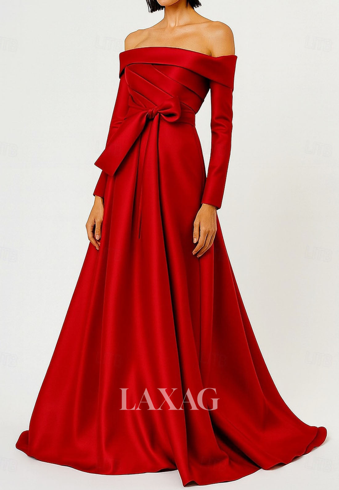 Bateau-Neck Off-Shoulder Long-Sleeves Satin Pleated Floor-Length A-Line Formal Evening Dress