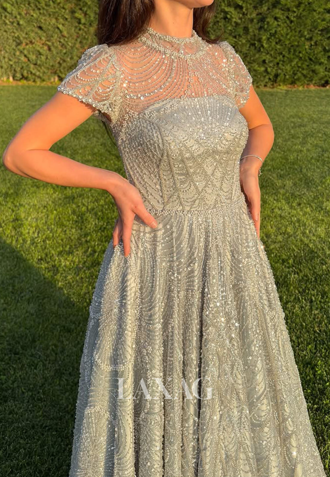 High-Neck Fully Sequined Beaded Evening Gowns Cap-Sleeves Satin Floor-Length A-Line Prom Dress