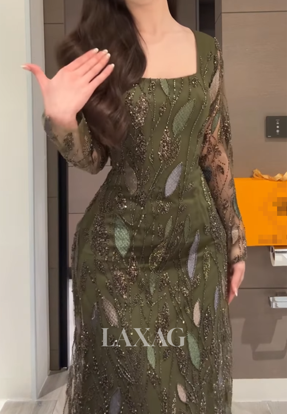 Square-Neck Long-Sleeves Ankle-Length Formal Gowns Sequined Applique Fitted Evening Dress