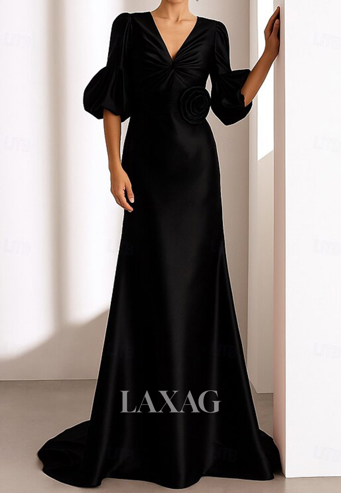 V-Neck Straps Half-Bell-Sleeves Floral Embellished Satin Pleated Floor-Length A-Line Evening Dress