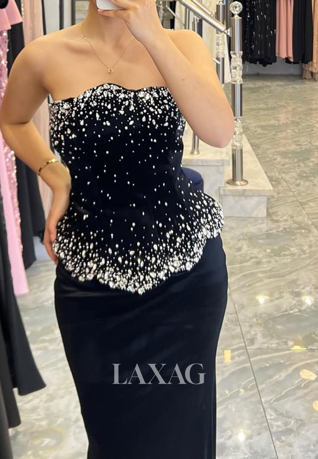 Off-Shoulder Floor-Length Beaded Satin Mermaid Evening Dress Tube Top Long-Sleeves Formal Gowns