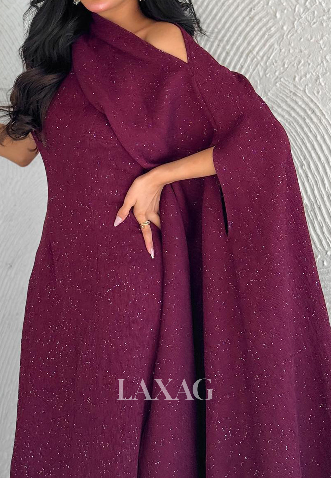 Asymmetrical-Neck Off-Shoulder Sleeveless Formal Gowns Floor-Length Glitter-Satin Fitted Evening Dress