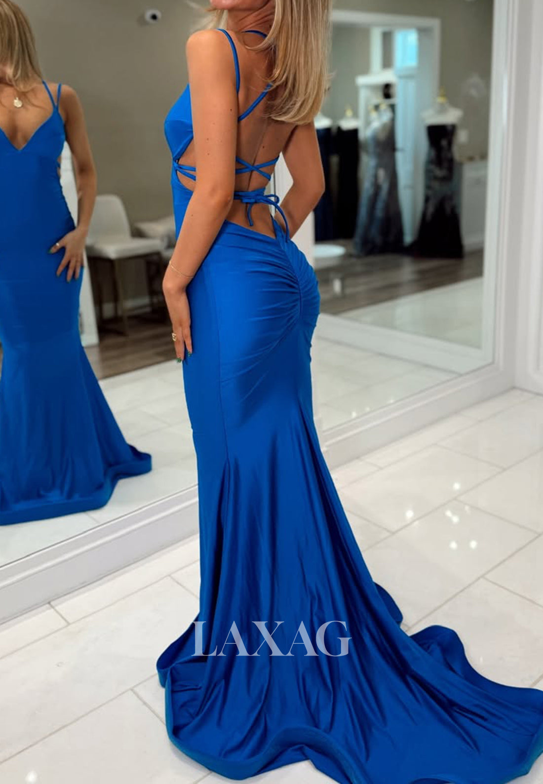 Deep V-Neck Satin Mermaid Prom Dress Spaghetti Straps Formal Gowns with Sweep Train