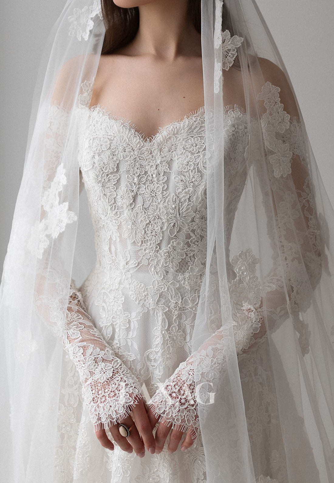 Sweetheart Off-Shoulder Long-Sleeves Beaded Allover Lace Applique A-Line Wedding Dress with Train
