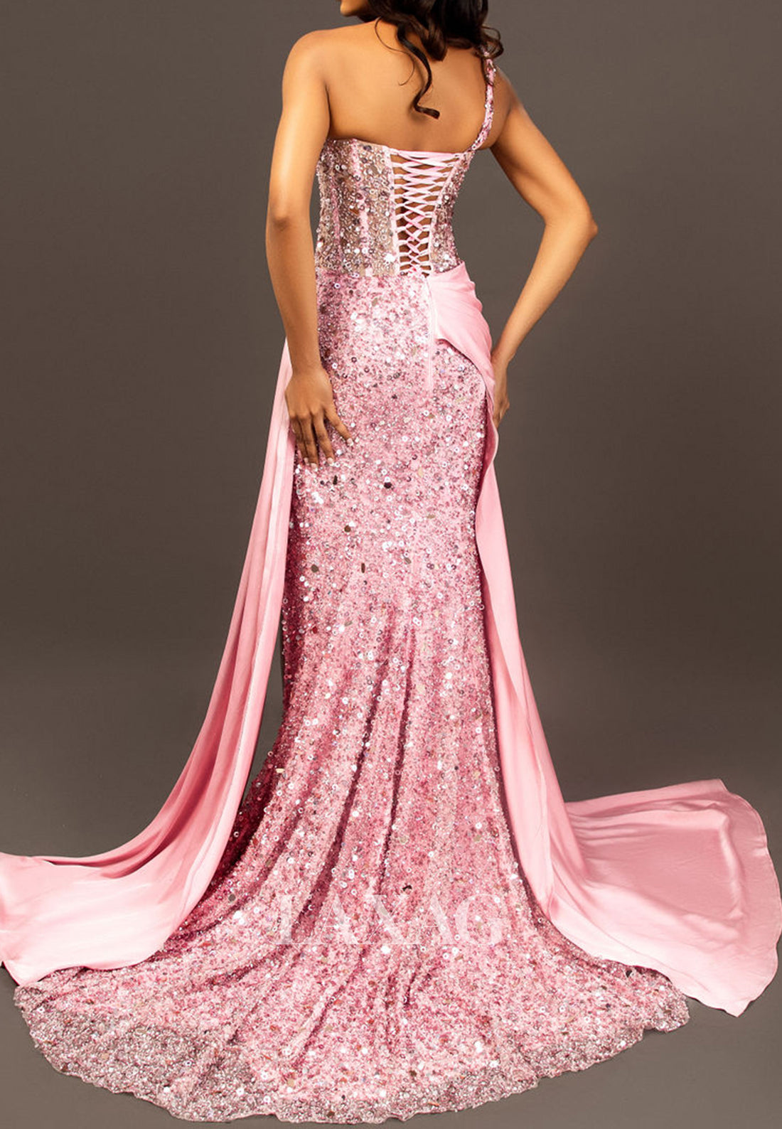 V-Neck One-Strap Sequined Beaded Party Gowns Off-Shoulder Satin Pleated Mermaid Prom Dress