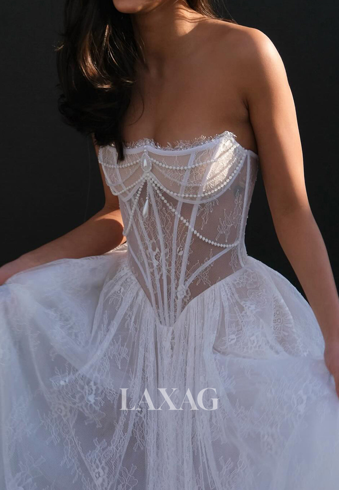 A-Line Sweetheart Sleeveless Sequined Beaded Pleated Tulle&Lace Wedding Dress with Train