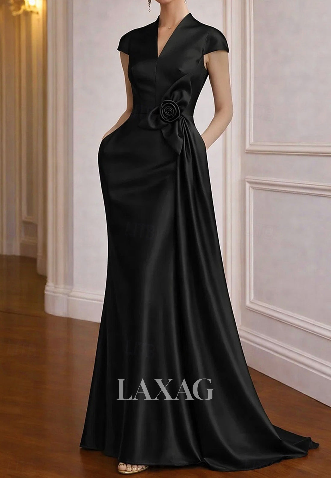 Simple V-Neck Cap-Sleeves Floral Embellished Satin Pleated Floor-Length Mermaid Evening Dress