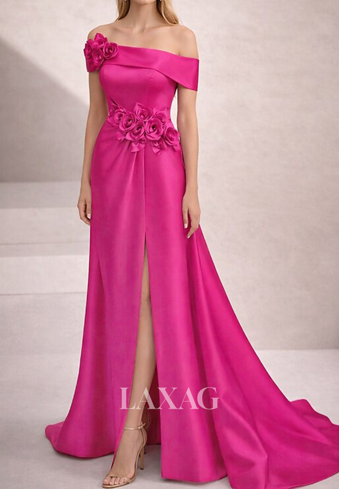 Tube Top Sleeveless 3D-Floral Satin Pleated Slit Mermaid Evening Dress with Sweep Train