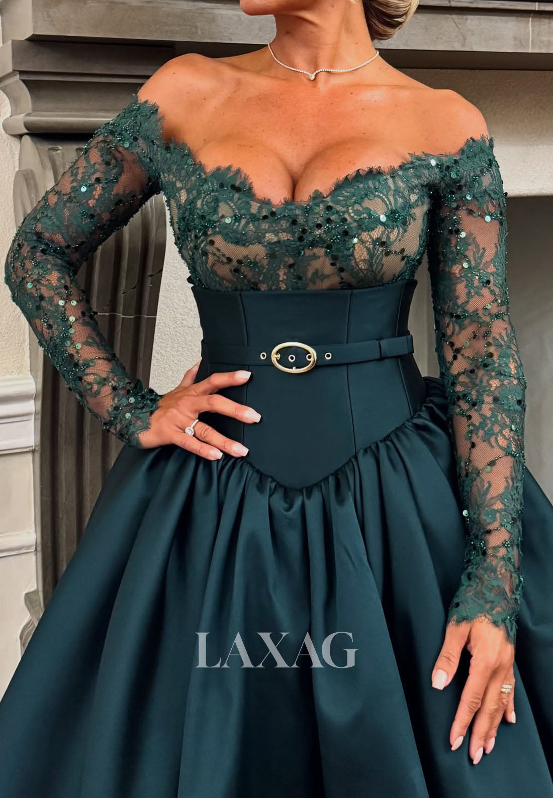 Off-Sholder Sequined Beaded Satin Formal Gowns Bateau-Neck Long-Sleeves A-Line Evening Dress